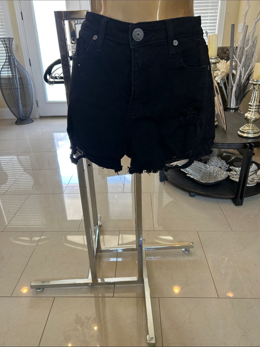 Black Distressed High-Rise Women's Denim Shorts